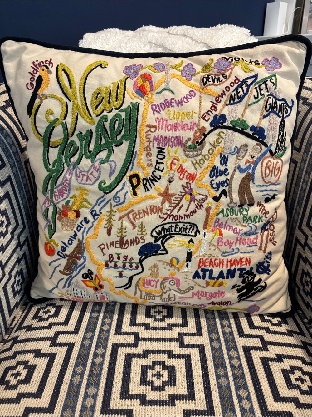 New Jersey Embroidered Map Pillow